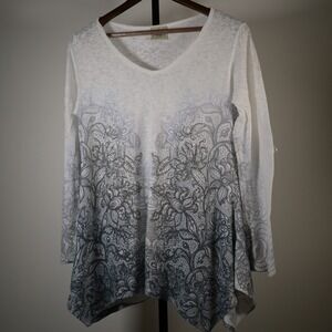 Vocal Womens Rhinestone Embellished Ombre Floral Lace Top Grey White XL 13658L